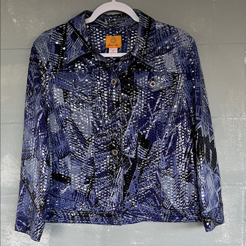 Ruby Rd Blue Abstract Print Stretch Jacket Size 1… - image 1